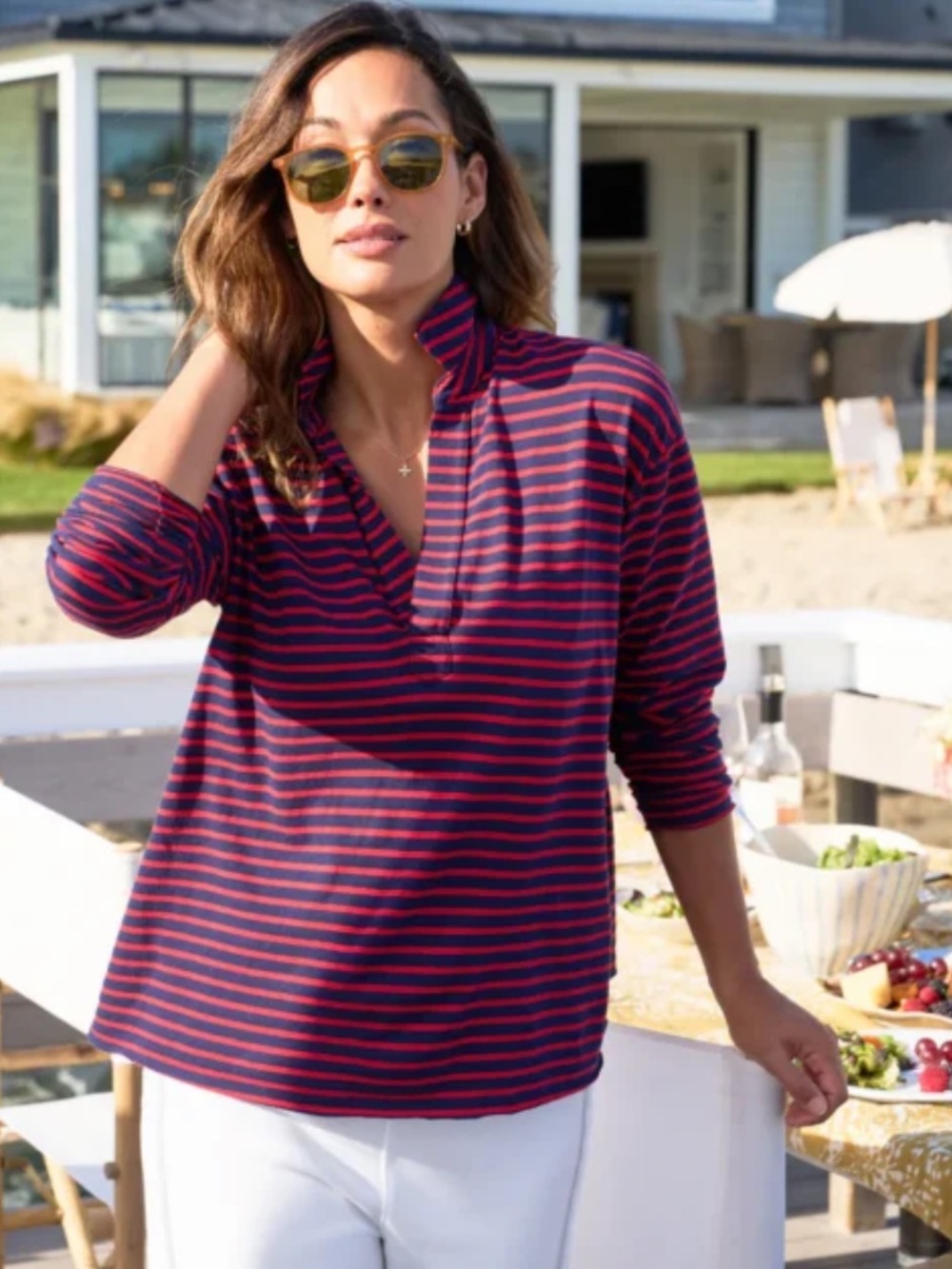 Frank & Eileen Striped Long-Sleeve V-Neck Top Boxy Relaxed Fit Navy and Red